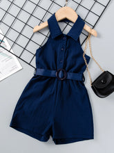 Little Girls Collared Button-Front Belted Romper - Midnight