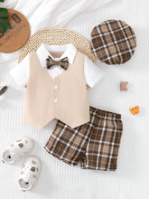 4pcs Boys Plaid Gentleman Shirt, Vest, Shorts & Cap Set - Buff | 21...