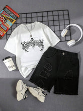 2pcs Big Boys Skull Graphic Tee & Ripped Denim Shorts Set - Ivory |...