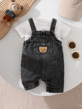 Little Boys Bear Patch Denim Dungaree Shorts - Wenge