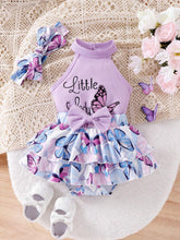 3pcs Girls Butterfly Print Halter Top & Tiered Skirt Set - Lavender...