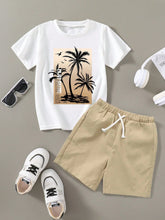 2pcs Big Boys Palm Print Tee & Drawstring Shorts Set - Ivory | 21 C...