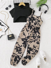 2pcs Big Girls Crop Hoodie & Floral Jumpsuit Set - Taupe | 21 Centu...