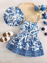 2pcs Girls Floral Spaghetti Strap Dress & Hat Set - Ivory