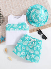 3pcs Baby Boys Shell Print Vest, Shorts & Bucket Hat - Aqua