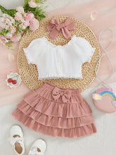 Girls Ruffle Crop Top & Tiered Bow Skirt Set - Dusty Rose