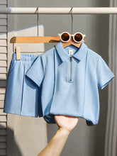 2pcs Little Boys Zip Polo Shirt & Shorts Set - Powder Blue
