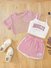 3pcs Girls Brooklyn Graphic Fishnet Overlay Camisole & Shorts Set -...
