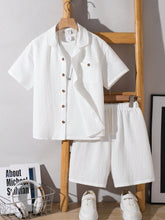 2pcs Big Boys Retro Textured Lapel Shirt & Shorts Set - Ivory