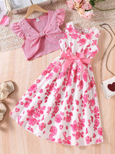 2pcs Girls Pearl-Trim Ribbed Top & Rose Print Dress Set - Ivory | 2...