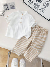 2pcs Boys Stand Collar Shirt & Striped Trousers Set - Ivory