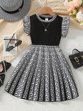 Little Girls Greek Key Pleated Flounce Sleeve Dress - Onyx