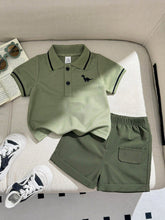 2pcs Boys Dinosaur Embroidered Polo & Shorts Set - Sage