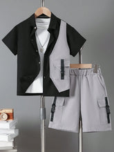 2pcs Big Boys Collared Lapel Shirt & Shorts Set - Stone Grey