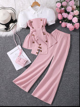 2pcs Big Girls Puff Sleeve Polo Top & Wide-Leg Pants Set - Blush | ...