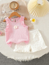 Girls Ruffle Trim Floral Appliqué Top & Shorts - Blush