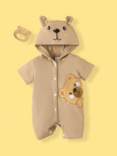 Baby Boys Bear Appliqué Ribbed Hooded Romper - Latte
