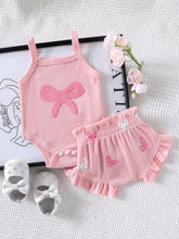 2pcs Baby Girls Bow Appliqué Bodysuit & Ruffle Shorts Set - Blush |...