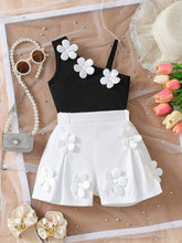 2pcs Girls 3D Floral Camisole & Pleated Shorts Set - Onyx