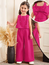 Girls Pearl Embellished Bow-Back Wide-Leg Trouser Set - Fuchsia
