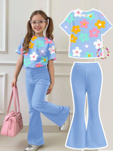 2pcs Little Girls Floral Crop Top & Flare Pants Set - Periwinkle | ...