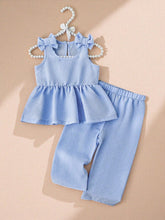2pcs Girls Bow Shoulder Peplum Top & Wide-Leg Pants Set - Periwinkl...