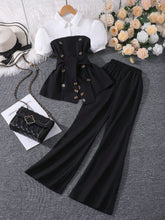 2pcs Big Girls Puff Sleeve Peplum Top & Wide-Leg Pants Set - Onyx |...