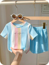 2pcs Little Boys Rainbow Stripe Tee & Shorts Set - Cerulean