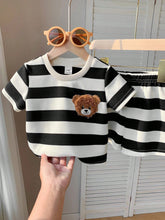 2pcs Boys Bear Embroidered Stripe Tee & Shorts Set - Ivory