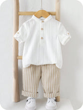 2pcs Boys Stand Collar Shirt & Striped Trousers Set - Ivory