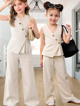 2pcs Girls Double-Breasted Peplum Vest & Wide-Leg Pants Set - Ecru
