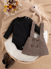 2pcs Baby Girls Ribbed Bodysuit & Houndstooth Suspender Skirt Set -...