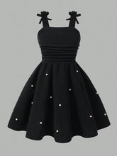 Girls Pearl-Beaded Bow Strap Flared Midi Dress - Onyx