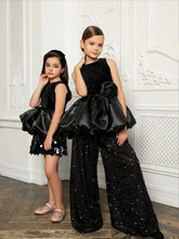 2pcs Big Girls Velvet Peplum Top & Sequin Wide-Leg Pants Set - Onyx...