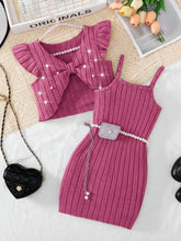 2pcs Girls Bow Ruffle Crop Top & Slip Dress Set - Magenta Rose | 21...