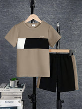 2pcs Boys Colourblock Crew Neck Tee & Shorts Set - Khaki | 21 Centu...