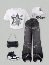 2pcs Big Girls Star Graphic Crop Top & Wide-Leg Jeans Set - Ivory |...