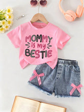 2pcs Girls Mommy's Bestie Graphic Tee & Bow Denim Shorts - Bubblegum