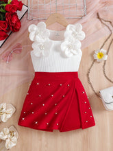 2pcs Little Girls 3D Floral Pearl Tank Top & Skirt Set - Scarlet | ...