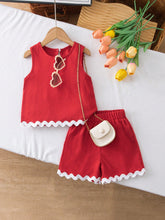 2pcs Girls Textured Crepe Ric-Rac Trim Top & Shorts Set - Scarlet |...