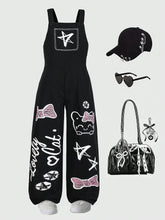 Big Girls Y2K Graffiti Cat Print Wide-Leg Bib Overall - Onyx | 21 C...