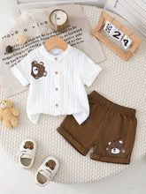 2pcs Boys Bear Appliqué Button Shirt & Shorts Set - Ivory