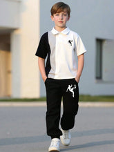 2pcs Boys Cartoon Print Polo Shirt & Pants Set - Ivory