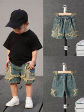 Boys Frayed Patchwork Elastic Waist Denim Shorts - Washed Indigo