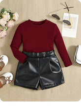 2pcs Girls Ribbed Knit Top & Faux Leather Shorts Set - Crimson | 21...