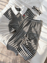 2pcs Girls Striped Peter Pan Collar Top & Wide-Leg Pants Set - Onyx...