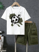 2pcs Boys Soccer Graphic Tee & Cargo Shorts Set - Multi