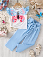 2pcs Girls Butterfly Print Flutter Sleeve Top & Pants Set - Periwin...