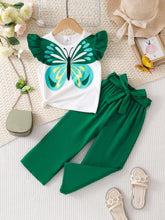 2pcs Girls Butterfly Flutter Sleeve Top & Bow Pants Set - Emerald |...