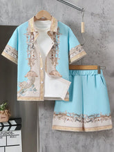 2pcs Big Boys Baroque Print Shirt & Shorts Set - Aqua | 21 Century ...